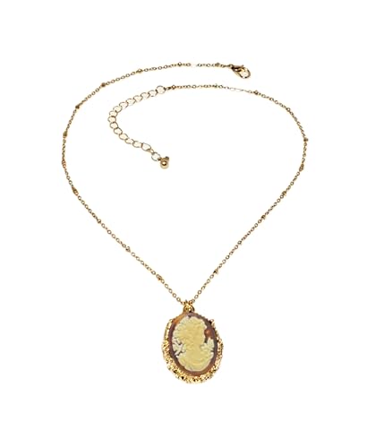 Gold-Plated Victorian Necklace - Vintage Cameo Pendant with Amber Background - Classic Bead Chain Design - Gift Box Included