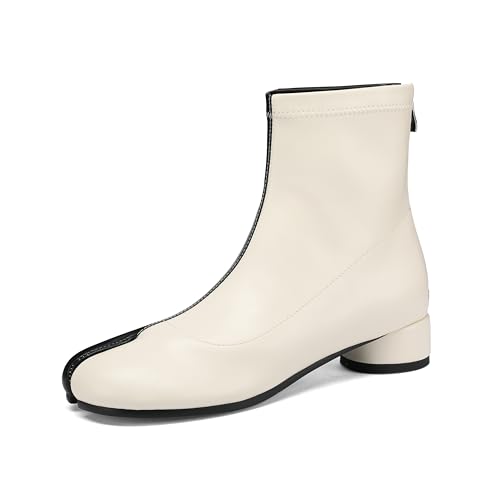 Image of Split Toe Ankle Boots for Women Tabi Japanese Ninja Shoes Low Chunky Heels Booties, Stretch Artificial Leather Boots Back Zipper