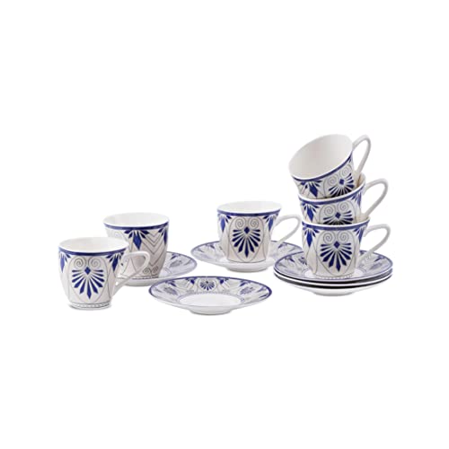 Image of Dandy Lines Cup and Saucer Set, Alpine in Platinum Rajasthan Design, Luxury Tea Cups with Saucers, Ceramic, Pack of 12, Microwave & Dishwasher Safe, Great for Hosting & Gifting