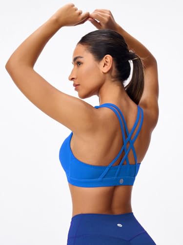 Image of Women's Strappy Sports Bras Light Compression Crop Criss Cross Back Padded Workout Yoga Bra Supportive U Neckline