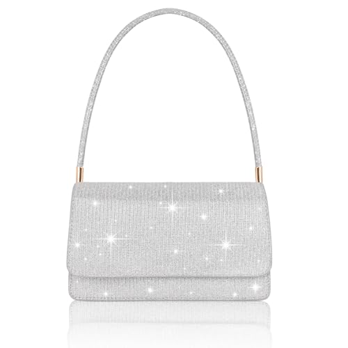 Toptime Clutch Silber, Glitzer Handtasche Damen Klein mit 2 Fächern, Pailletten Abendtasche mit Tragegriff, Elegant Silberne Tasche Schultertasche Damen für Abschlussball, Hochzeit, Bankett, Party