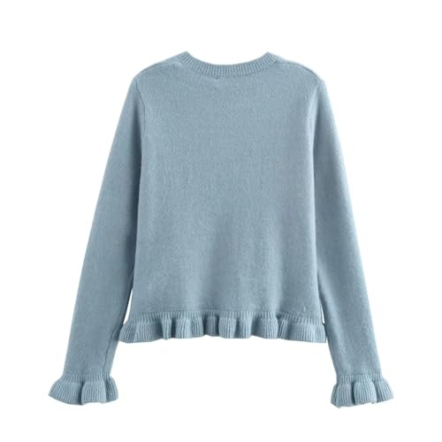 Image of FindThy Women's Cropped Cardigan Sweater Trendy Crewneck Ruffle Long Sleeve Button Down Knitwear Tops