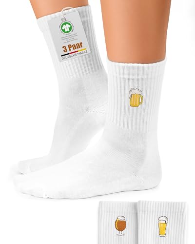 RØDER Motiv-Tennissocken 3er-Pack bestickt – lustige Motivsocken Bier, Drinks & Sprizz – Bio-Baumwolle, OEKO-TEX – Retro Crew – Unisex 35–38 | 39–42 | 43–46 – Geschenk (Bier, 43-46)