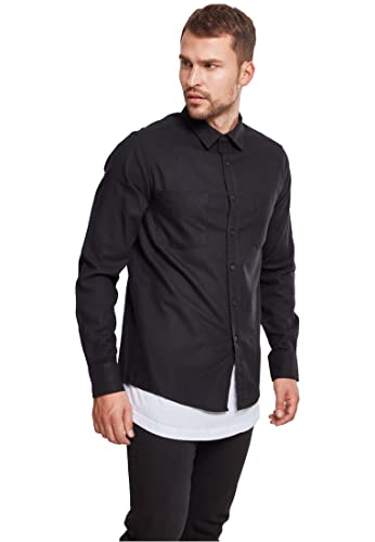 Urban Classics Men's Checked Flannel Shirt Casual Button-Down Shirt, Longsleeve Dress Shirt with Forearm Buttons, Regular Fit, 100% Flannel Yarn blk/blk XL