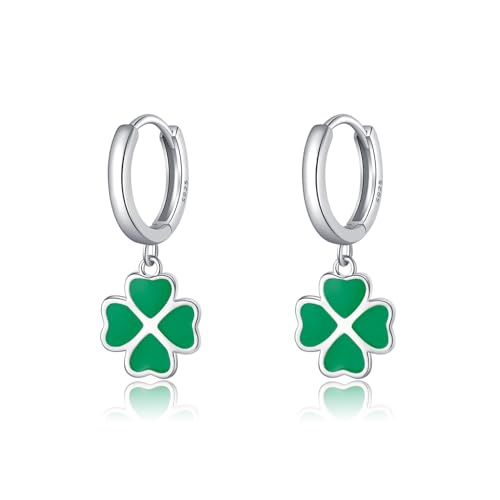SLUYNZ Solid 925 Sterling Silver Green Clover Earrings Hoop for Women Teen Girls Love Four Leaf Clover Hoop Earrings Huggie for Spring Summer
