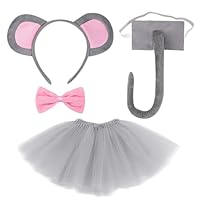 TUONYIS Mausohren-Haarreif, mit Maus, Krawatte, Mausschwanz, Tutu, Rock, Maus, Tierkostüm, Kopfschmuck für Kinder, Fasching, Cosplay, Karneval, Halloween, Kostüm (grau)