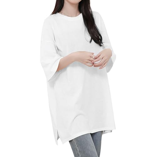 [Luxiwear] tシャツ レディース 7分袖 【超オーバーサイズ·二の腕細見え·夏日の新コーデ】 ティーシャツ トップス 春 夏 丸首 体型カバー カットソー 着痩せ ゆったり 大きいサイズ 通気 吸汗速乾 綿混 無地 きれいめ おしゃれ 夏服(L, ホワイト) - Luxiwear - 商品画像
