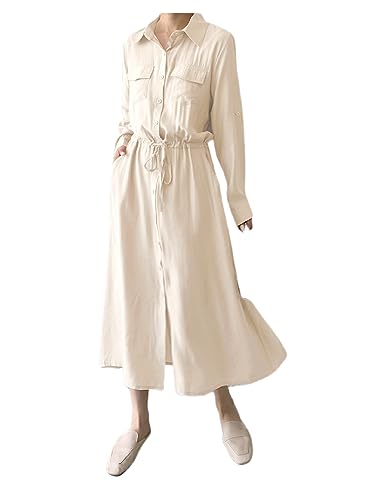 Image of Women Roll-Up Long Sleeve Button Down Shirt Midi Dress