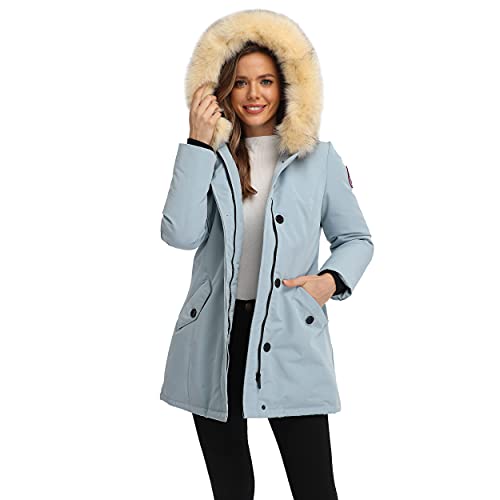 PUREMSX Winter Fur Coat for Women, Down Parka Jacket Slim Fit, Hoodie Windproof with Multi Pockets, Anorak Jacket with Patches, Skiing Camping Outdoor Jackets,Light Blue,Small