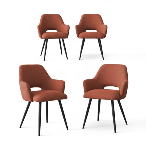 Image of Finch Fox Motel Luxurious Home Collection Upholstery Fabric Arm Dining Room Chairs in Rust Color with Black Metal Powder Coated Legs (Set of 4)
