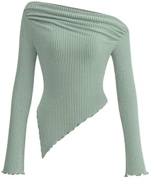 PRETTYGARDEN Women's Spring Long Sleeve Y2K Crop Top Trendy Off Shoulder Asymmetrical Fitted Knit Tee Shirts Going Out Tops