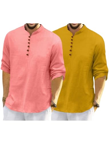 Image of Macsivo Men's Cotton Blend Kurta with Solid Band Collar Full Sleeve Button Closure Regular Fit Curved Hem Length | Kurta for Man | Combo Pack of 2