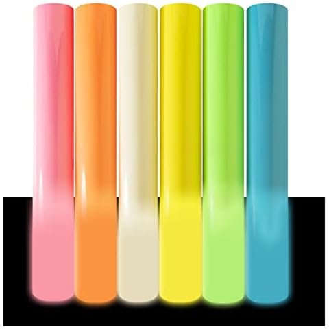 Glow in The Dark Vinyl Heat Transfer HTV Easy Weed, Iron on HTV Bundle for T Shirts 6 Pack 12x10 INCH, Luminous Holographic with Blue White Yellow Neon Sheets Colored Bulk Flex Vinyl Cover