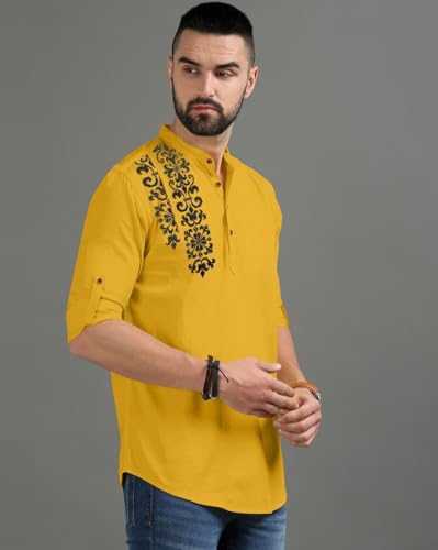 Image of FINIVO FASHION Men's Regular Fit Cotton Blend Kurta Shirt | Full Sleeve Ethnic Shirt with Mandarin Collar and Button Placket | Casual Kurta for Daily and Traditional Use