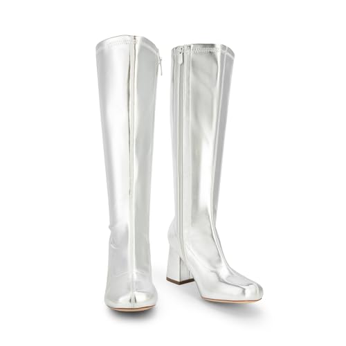 DREAM PAIRS Women's Gogo Boots Square Toe Chunky Wide Calf Knee High Boots For Women,Size 6.5,Metallic Silver,SDKB2231W