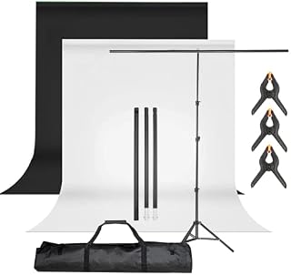 BEIYANG 1.5x2m/5x6.5ft Background Stand Backdrop Support System with 1.5x2m/5x6.5ft Muslin Backdrop (White, Black) 3PCS Clamps and Carrying Bag for Portrait, Product Photography and Video Shooting