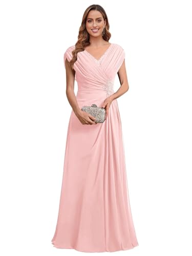 Cap Sleeves Mother of The Bride Dresses for Women Chiffon Beaded Long Ruched A Line Formal Dresses