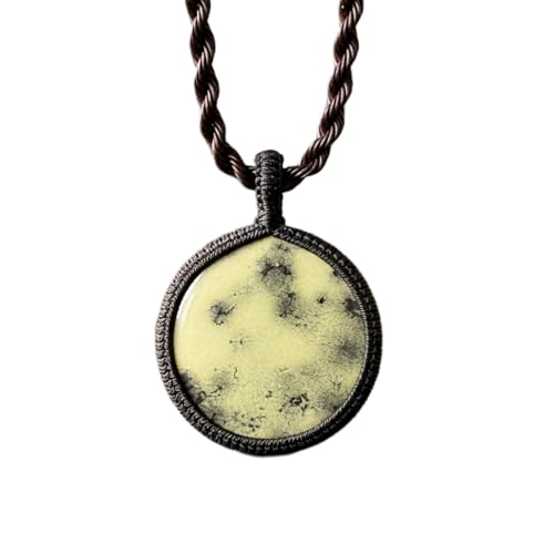 Collier pendentif rond en dendrite jaune naturelle chaîne cuir 45cm