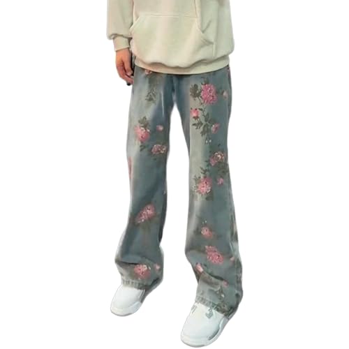 Baggy Jeans Men Vintage Y2k Floral Jeans Flower Print Casual Streetwear for Skater Wide Leg Denim Pants Hip Pop