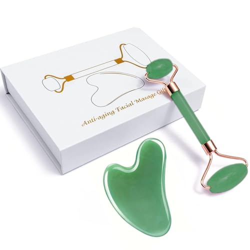 Gua Sha - Piedra de jade facial con forma de corazón, herramienta de masaje para la cara, ojos, cuello para el cuidado de la piel (rodillo verde y gua sha)