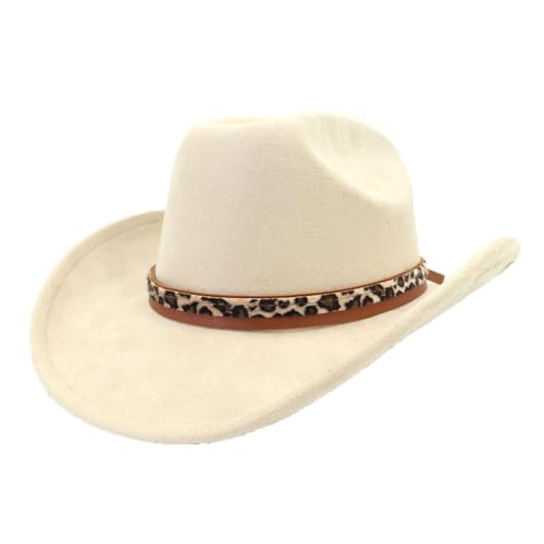 Image of Classic Suede Cowboy Hat for Adult Wide Brim Western Cowgirl Hat Women Fedora Hat with Leopard Print Hatband