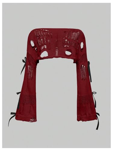 Women's Hollow Out Ripped Bow Sweater Bell Long Sleeve Cropped Crochet Shrug3