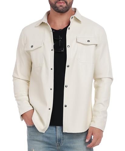 Little Donkey Andy Men's Faux Leather Jacket, Slim Fit Stretch Classic Windbreak Jacket Lapel Collar Button Down Microfleece