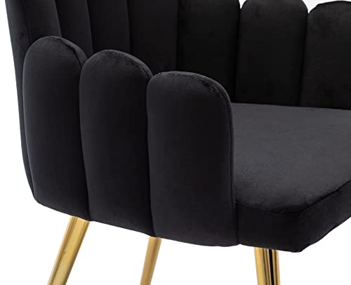 Vescasa Velvet Accent Chairs With Petal Back, Mid-Century Modern Upholstered Dining Chairs With Arms, Makeup Vanity Chairs With Gold Metal Legs For Living Room/Bedroom, Set Of 2, Black #TOP2