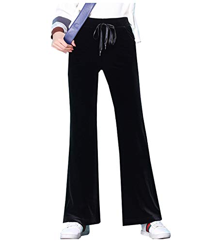 Kedera Women's Corduroy Velvet Pants Comfy Pull on Elastic Waist Trousers Drawstring Pants Black