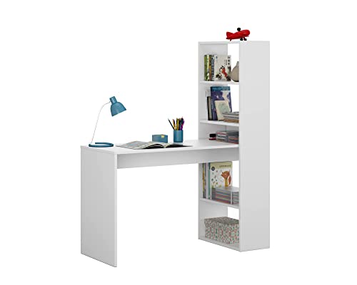 Dmora - Bureau Denton, Bureau réversible avec bibliothèque 5 étagères, Table d'étude ou de bureau pour support de livre PC, 120x53h144 cm, Blanc