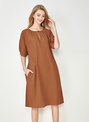 Minibee Women\'s Cotton Linen Dress Short Sleeve Midi Casual Tunic Dress with Pockets Orange L