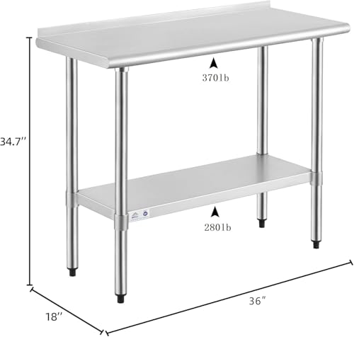 Image of ROCKPOINT Stainless Steel Table for Prep & Work with Backsplash 18x36 Inches, NSF Metal Commercial Kitchen Heavy Duty Table with Adjustable Under Shelf and Table Foot for Restaurant, Home and Hotel