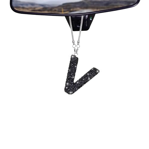 ToBeQueen Black Bling V Letter Charm, Diamond Crystal Rhinestone Bling Rear View Mirror Decoration, Cute Lucky Letter V Accessories for Women(Black,V)