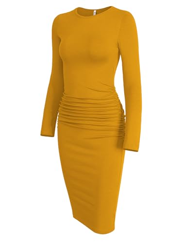 Image of Missufe Women's Long Sleeve Slim Ruched Bodycon Dress 2025 Trendy Fall Casual Round Neck Sheath Knee Length Outfits Clothes