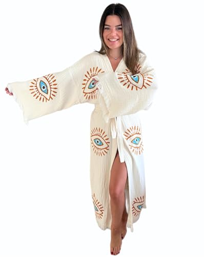 Handmade Evil Eye Kimono - Women Beach Cover Up - Festival Bohemian Robe - Boho Cotton Cardigan - Dressing Gown3