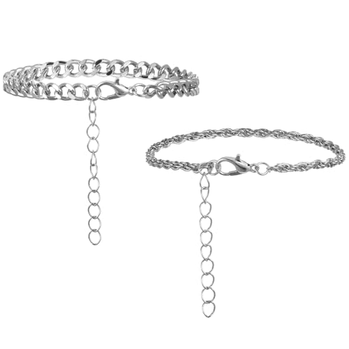 Tweruna 2 Stück Armband für Herren Damen, Stapelbares Edelstahl Silber-Armband, Zartes Verstellbares Kettenarmband für Männer, Robustes Einfaches Cuban Link Armband Set, Herrenschmuck