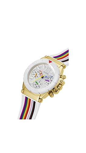 Guess Ladies Sport 38Mm Multifunction Watch – White Dial & Nylon Top Ring Gold-Tone Stainless Steel Case & Bracelet #TOP3