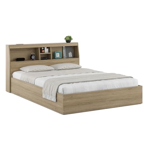 Image of Spacewood Storiva Bed |Queen Size (78 X 60) Engineered Wood Bed with Box Type Storage |Shelfs in Headboard | 3 Year Warranty | Modern Design |Engineered Wood | Santana Oak