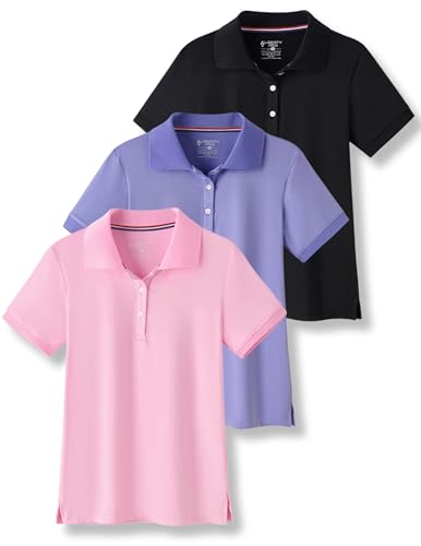 3 Pack Youth Girls' Performance Polo Shirts, Short Sleeve Pique Collared Kids School Uniform Tops (Set 5, Large)