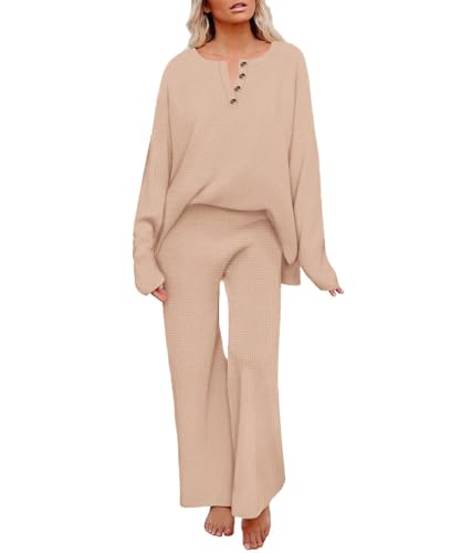 RITERA Plus Size Women 2 Piece Outfits Lounge Sets Knit Waffle Sweater Set Khaki Beige Pajama Sets Button Pullover Top Wide Leg Pants Matching Sweatsuit with Pockets Casual Fall Winter 2XL 18W 20W