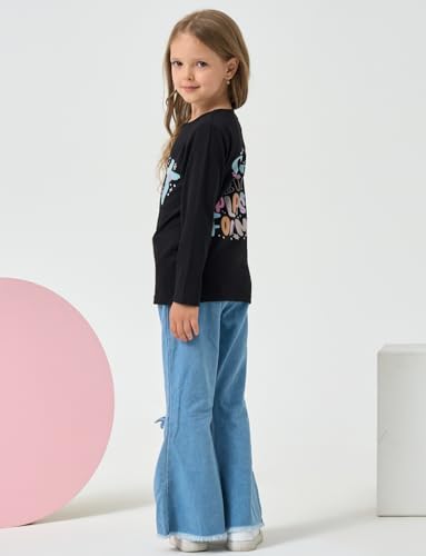 Image of Toddler Girl Clothes Long Sleeve Cartoon & Letter Graphic Top + Fruit Stationery Print Flared Leg Pants