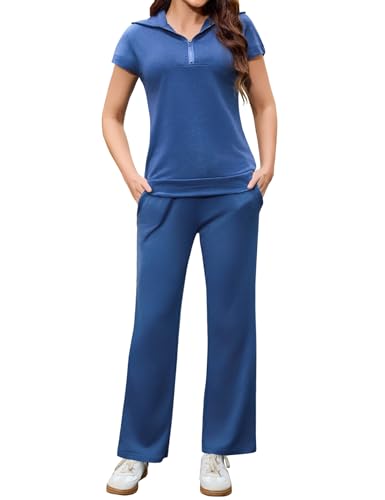 Aottori Completa Sportiva Donna Due Pezzi Tuta da Ginnastica Elegante Tute Casa Cotone T-Shirt con Zip e Pantaloni Della Sportwear per Jogging Training Yoga Blu L