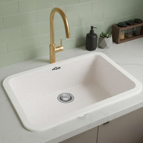 Image of ARQUIN Quartz Kitchen Sink 21x18x9 Inch Rosa Round Corner | Single Bowl Sink | Durable & Scratch-Resistant | Undermount /Topmount Including Coupling, Waste Pipe & Fruit Washing Basket