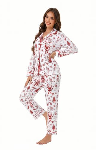 Image of LUBOT Christmas Pajamas for Women 100% Cotton Pajama 2 Piece PJ Set Soft Long Sleeve Button Xmas Print Loungewear XS-XXL