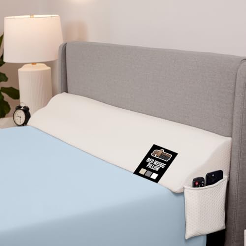 GORILLA GRIP Patented Bed Wedge Pillow for Headboard Gap Filler Between Mattress Gaps Comfortable Supportive High Density Cushioned Foam Pillows Stay in Place Gripping Dots Full Size White