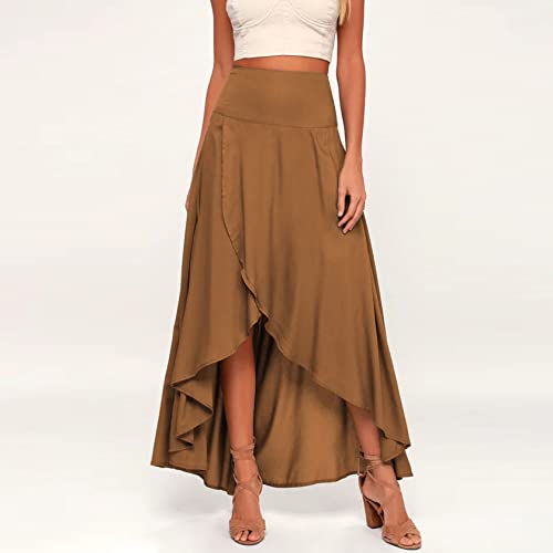 Wuitrie Long Skirts for Women Trendy High Waist Maxi Skirts Flowy Ruffle High Split Skirts Summer Skirt 20253