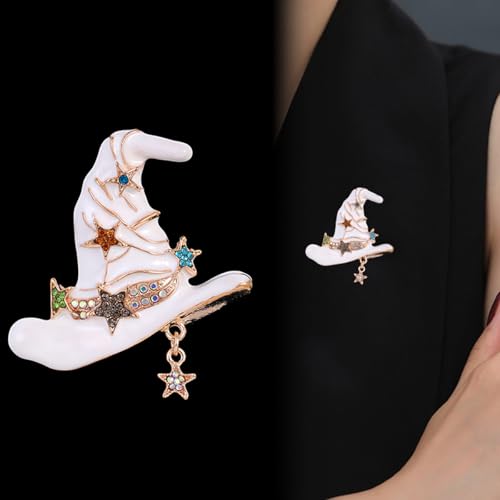 Image of Rhinestone Witch Hat Brooch Pin for Women AB Crystal Colorful Star Witchcraft Brooches Lapel Pins Bag Suit Dress Accessories Unisex Cap Fashion Christmas Halloween Jewelry