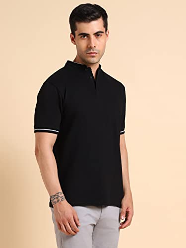 Image of Dennis Lingo Men's Cotton Solid Stand Collar Regular Fit T-Shirt