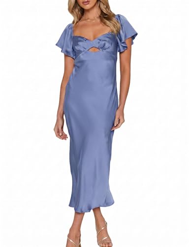Image of Summer Satin Flutter Sleeve Wedding Guest Dresses for Women Sweetheart Neckline Cutout Tie Back Midi Cocktail Dress