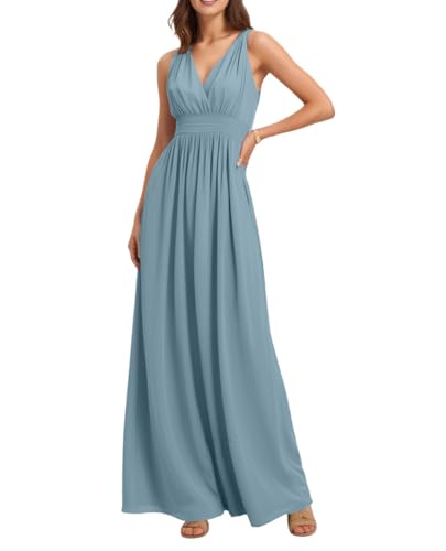 Vestidos de dama de honor de gasa para mujer, con bolsillos, fruncidos, formales, para fiesta de noche, talla grande, Dusty Azul, 50 Grande